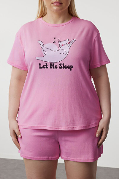 Trendyol Curve Kötött pizsama szett - rózsaszín macska nyomott TBBSS24AI00117