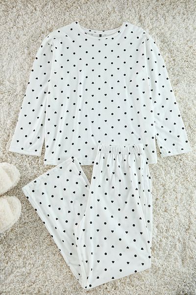 Trendyol Curve Heart and Polka Dot Patterned Ecru Knitted Pajama Set - TBBAW25AI00065