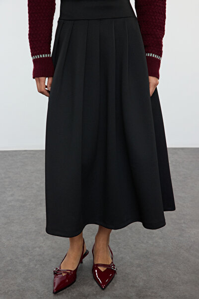 Trendyol Collection Skládaná černá midi sukně s vysokým pasem - TWOAW25ET00095