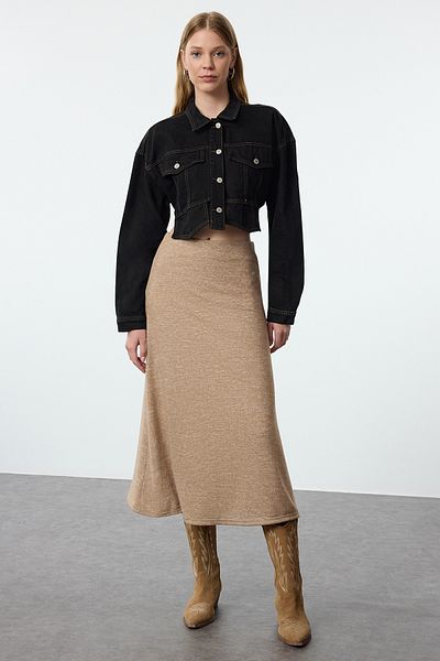 Trendyol Collection High Waist Midi Mink Knitted Skirt - Flared Form, Soft TWOAW24ET00249