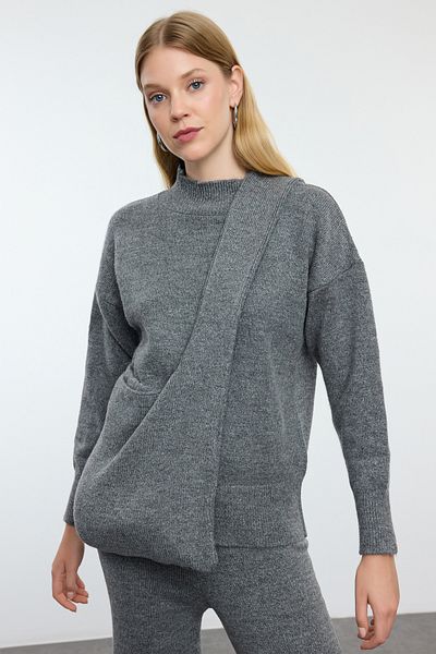 Trendyol Collection Anthracite Wide Fit Bag Detailed Knitwear Bottom-Top Suit Twoaw25Au00086