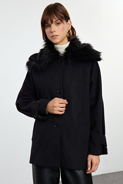 Trendyol Collection Palton negru de lână midi obișnuit cu guler detașabil TWOAW25KB00070