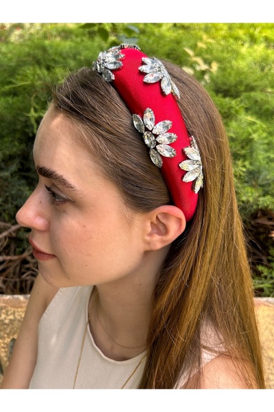 ByMerve Bym582 Design - Piros menyasszonyi virágos és köves estélyi ruha hajkiegészítő