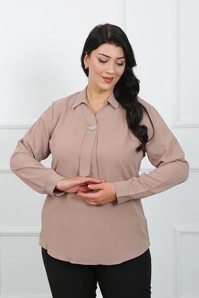 By Alba Collection Stone Colored Large Size Jessica Shirt - Stone Detail on the Front