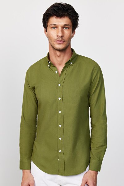 Tudors Khaki színű férfi ing - vékony szabású, hosszú ujjú, 100% pamut, len textúra, gombos gallér