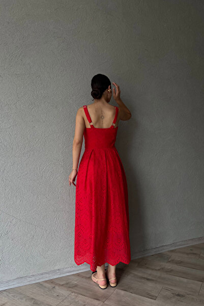 Seda Yalçın Atelier Red Embroidery Dress with Hanging Bracket Detail