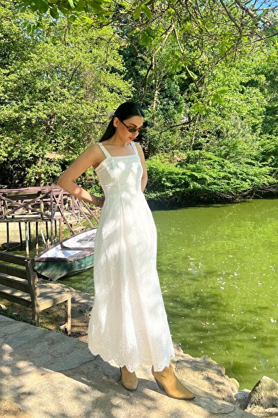 Seda Yalçın Atelier White Sling Dress with Embroidery Detail