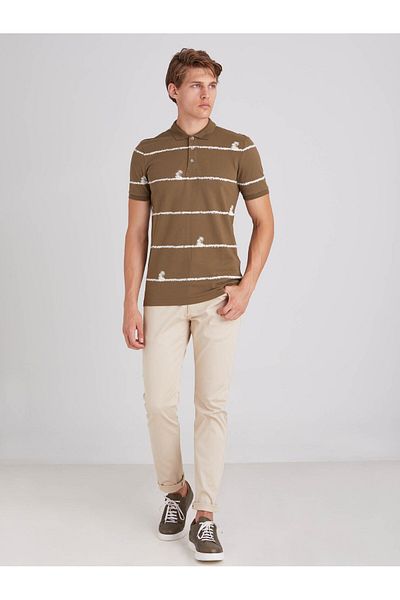 Dufy Khaki Men's Slim Fit Safari Patterned Crew Neck T-Shirt - 57634