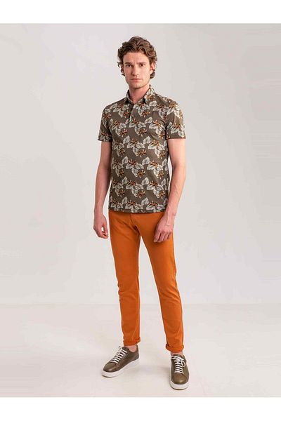 Dufy Khaki Men's Slim Fit Safari Patterned Crew Neck T-Shirt - 57532