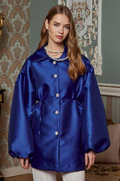 Hooopstore Saks Blue Balloon Sleeve Brocade Tunic