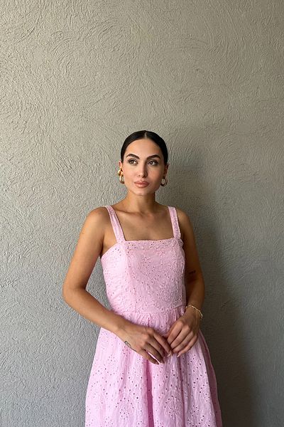 Seda Yalçın Atelier Pink Embroidery Dress with Hanging Bracket Detail
