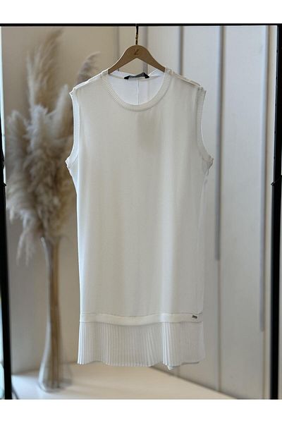 EFRAZE Ecru Pleated Long Chiffon Tunic - Sleeveless 876