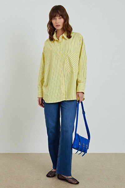 Genel Markalar Kadın Çizgili Oversize Gömlek Sarı
