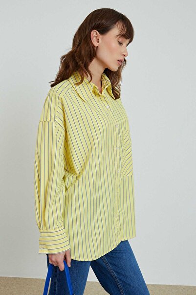 Genel Markalar Kadın Çizgili Oversize Gömlek Sarı