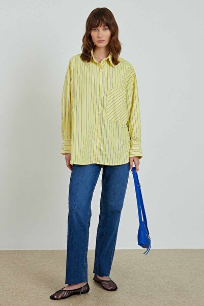 Genel Markalar Kadın Çizgili Oversize Gömlek Sarı