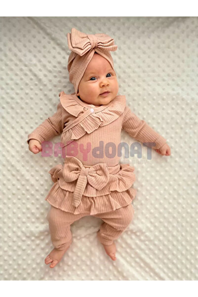 BYR Byrbby Fırfır Detaylı Fiyonk Boneli % 100 Pamuklu Kız Bebek Takımı Byrnew