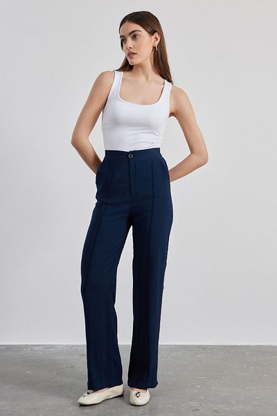 Hooopstore Navy Blue Cotton Viscose Slit Trousers