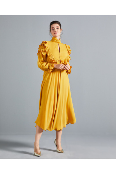 SERPİL Fırfır Detaylı Belden Lastikli Uzun Safran Elbise 36891