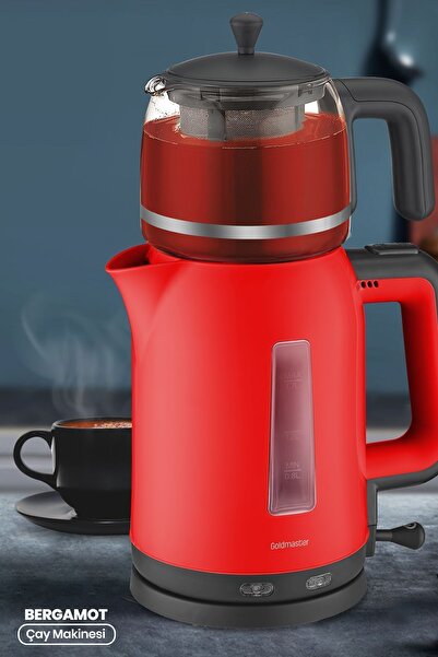 GOLDMASTER Bergamot Kırmızı 2200 Watt Cam Demlikli Bpa Içermeyen Çay Makinesi Ve Su Isıtıcısı