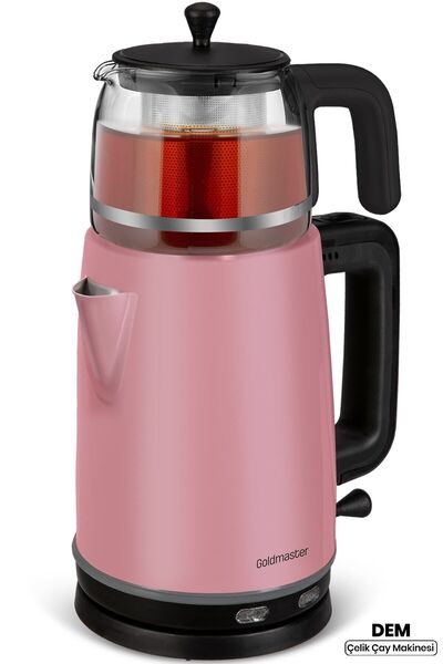 GOLDMASTER Dem Sedef Pembe 2200 Watt Xl Paslanmaz Demlikli Cam Çelik Çay Maki...