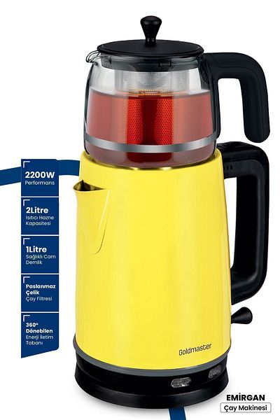 GOLDMASTER Emirgan 2200w Stainless Steel Tea Maker with Glass Teapot and Kettle Yellow