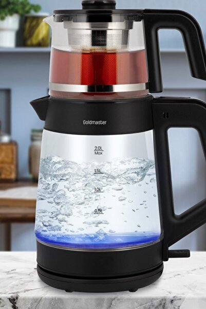 GOLDMASTER Çınar 1900w Geniş Hazneli Demlikli Cam Çay Makinesi Ve Işıklı Su Isıtıcısı Siyah Gm8320s