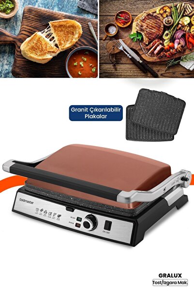 GOLDMASTER Gralux Gold Paslanmaz Çelik 2000 Watt Granit Çıkarılabilir Plakalı Tost Ve Izgara Makinesi