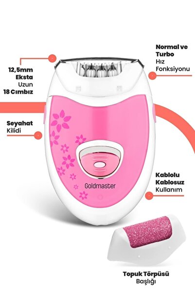 GOLDMASTER Linda Şarjlı 2 in 1  Epilatör ve Topuk Törpüsü Seti Epilasyon Cihazı Pembe GM7159P