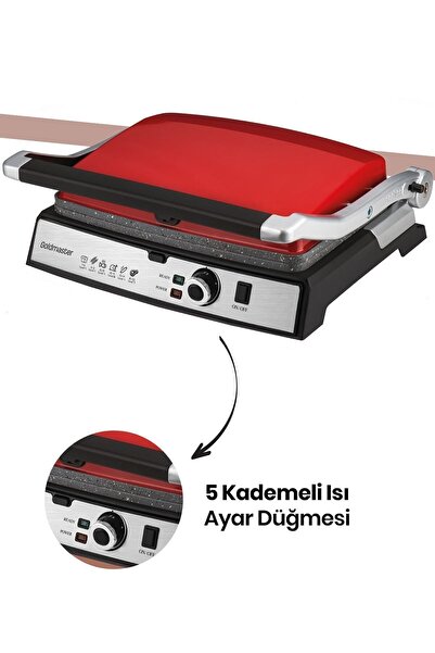 GOLDMASTER Gralux Kırmızı Paslanmaz Çelik 2000 Watt Granit Çıkarılabilir Plakalı Tost Ve Izgara Makinesi