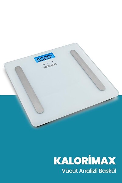 GOLDMASTER Kalorimax Dijital Ekranlı 6mm Temper Camlı Yağ Ölçer Fonksiyonlu Vücut Analizli Tartı Baskül