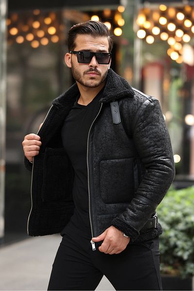 gm giyimarket Ανδρικό δερμάτινο παλτό Napa Slim Fit - Μπουφάν με γούνα στο εσωτερικό