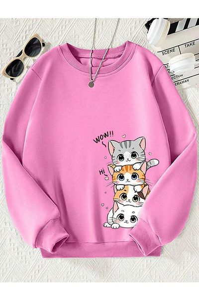 npLStore Детски суитшърт с качулка и шарка Wow Kitten Oversize