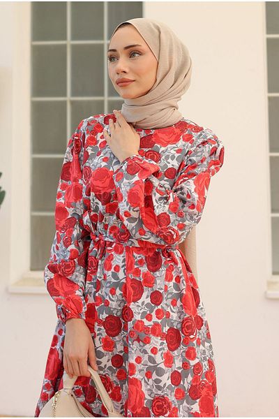 Moka Shopin Gray Red Patterned Mokashopin Dress - 10067.1778