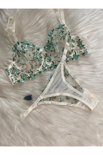 ARONA Set de lenjerie intima cu tul cu sârmă cu modele florale verde ecru - Lingerie Haven