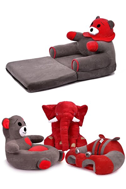 TOKKO مجموعة مميزة مكونة من 4 قطع - دمية دب قطيفة على شكل فيل، كرسي أطفال، مضاد للبكتيريا