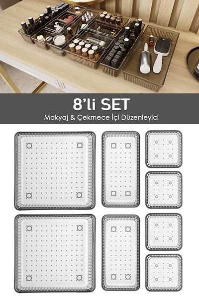 Meleni Home 8-piece Anthracite Drawer Organizer - Cosmetic Jewelry and Makeup Cabinet Organizer