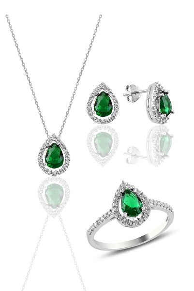Söğütlü Silver Gümüş Rodyumlu Kök Zümrüt Taşlı Damla Modeli Üçlü Set Sgtl11003