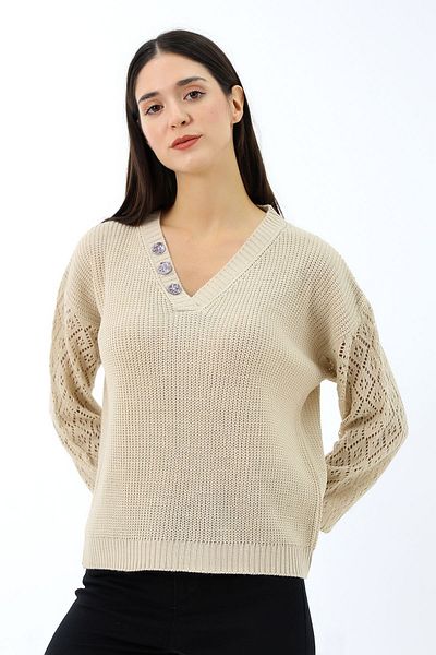 Devinka Comfortable V-neck Balloon Sleeve Knitwear Women's Sweater