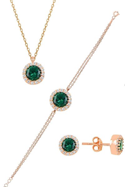 Söğütlü Silver Gümüş Rose Zirkon Ve Kök Zümrüt Taşlı Pırlanta Modeli Üçlü Set...
