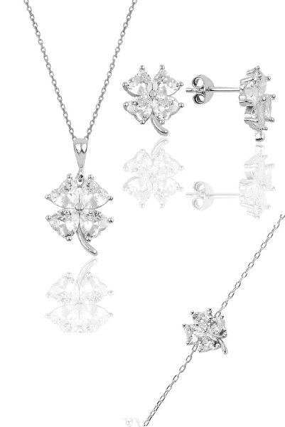 Söğütlü Silver Gümüş Rodyumlu Zirkon Taşlı Yonca Modeli Üçlü Set Sgtl10580beyaz