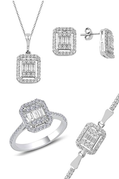 Söğütlü Silver Gümüş Rodyumlu Çizgili Baget Taşlı Dörtlü Set