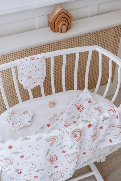 Lilabio 100% Organic Cotton Double Layer Rainbow Patterned Muslin Cover Set (100X100 Muslin-Bib-Shoulder Cloth)