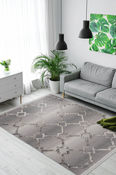 Naar Step 2203 Gri İskandinav Desen Pamuk Tabanlı Modern Makine Halı Salon Ot...