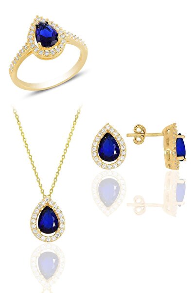 Söğütlü Silver Gümüş Altın Yaldızlı Safir Taşlı Damla Modeli Üçlü Set Sgtl11517