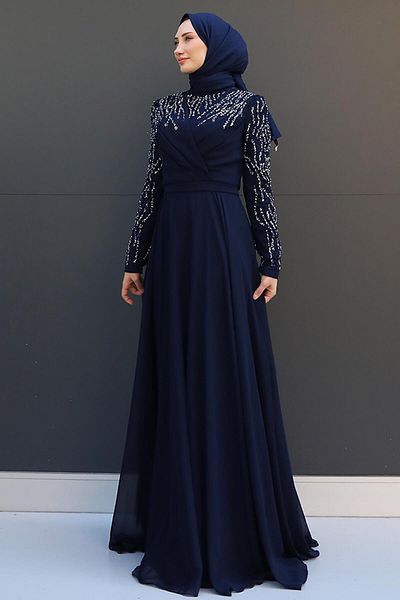 GİZ AGİYİM Βραδινό φόρεμα Navy Blue Chiffon - Vela Hijab
