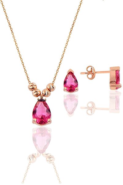 Söğütlü Silver Gümüş Rose Yakut Renkli Dorica Damla Kolye Ve Çivi Modeli Küpe...