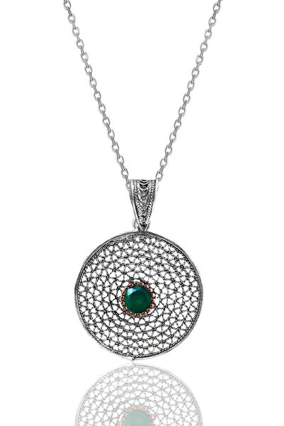 Söğütlü Silver Gümüş Kök Zümrüt Taşlı Telkari Işlemeli Yuvarlak Kolye Sgtl12130yesıl