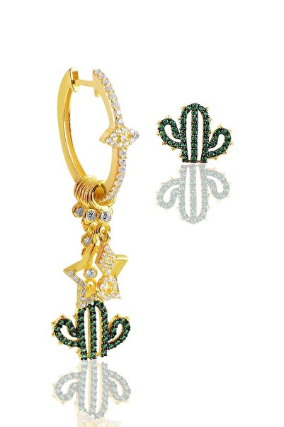 Söğütlü Silver Gümüş Altın Yaldızlı Zirkon Taşlı Kaktüs Şans Küpesi Sgtl9776gold