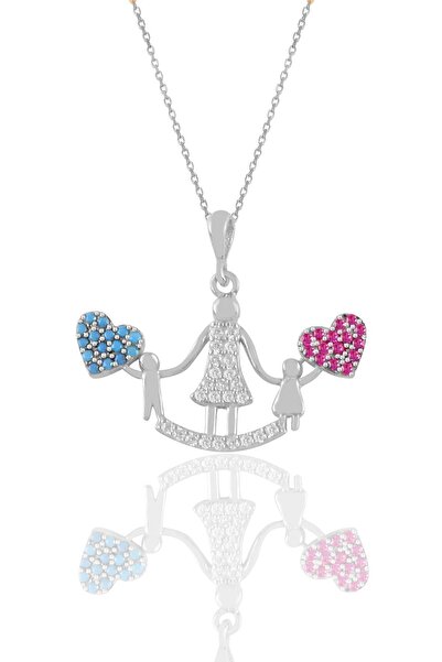 Söğütlü Silver Gümüş Rodyumlu Kök Yakut Ve Turkuaz Taşlı Kalpli Anne Ve Çocuk...