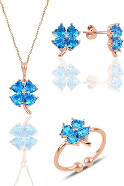 Söğütlü Silver Gümüş Rose Akuamarin Taşlı Yonca Kolye Küpe Ve Yüzük Üçlü Set ...